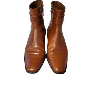 Talbots Cognac Leather Ankle Boots Size 7B  Buckle Strap Side Zip Brown Womens